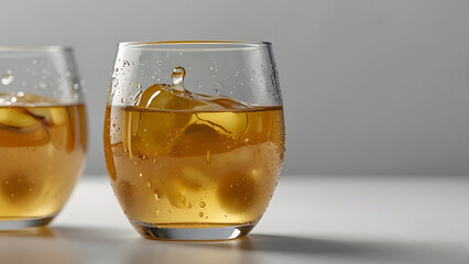 Minimalist studio shot of a glass of natural apple juice with a whole ripe apple beside it on a white surface.