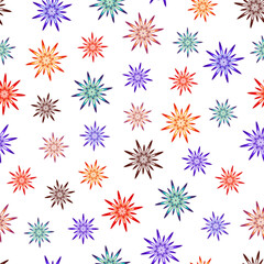 Seamless isolated pattern of bright multicolored stars with rainbow color transitions on a white background. Vector illustration.
