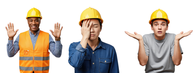 Three diverse male construction workers in yellow hard hats showing various emotions and reactions, including happiness, frustration, and confusion, against a black studio background.