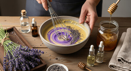 Close-up of hands creating handmade natural soap using lavender and honey.