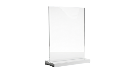 Clear Signage Stand: A sleek, transparent acrylic sign stand with a minimalist design, perfect for displaying information in a modern and clean setting.