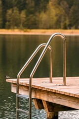 Dock and swim ladder on deep green lake
