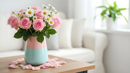 Pastel pink and mint green vase holding a mixed bouquet of roses, set in a sunny, softly focused living room scene
