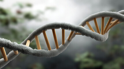 DNA double helix strand with frost effect, close up, scientific background, molecular biology, winter atmosphere, genetic research