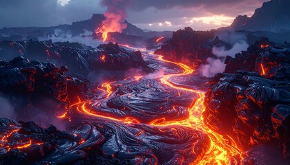 Flowing lava river snakes across a dark, volcanic landscape towards a fiery mountain range under a cloudy sky