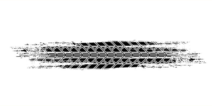 Grunge tire track, wheel braking marks. Truck, car or motorcycle tread pattern silhouette. Auto race, motorsport, speed racing design element. Vector illustration