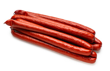 smoked sausages close-up on a white isolated background