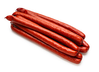 smoked sausages close-up on a white isolated background