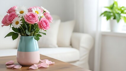 Vibrant arrangement of pink and white flowers on a coffee table, conveying a sense of celebration and domestic beauty