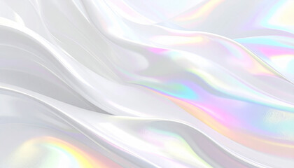 繊細な虹色の光彩が流れる白いサテン風の優美な波背景