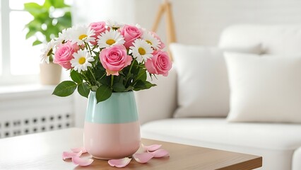 A beautiful bouquet of pink roses and white daisies in a pastel vase on a wooden table in a bright living room
