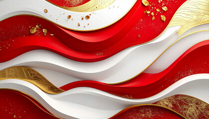 金の葉が舞う赤と白の波状レイヤーが織りなす豪華絢爛な背景