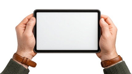 Hands of a man holding a tablet on transparent background - ai generative