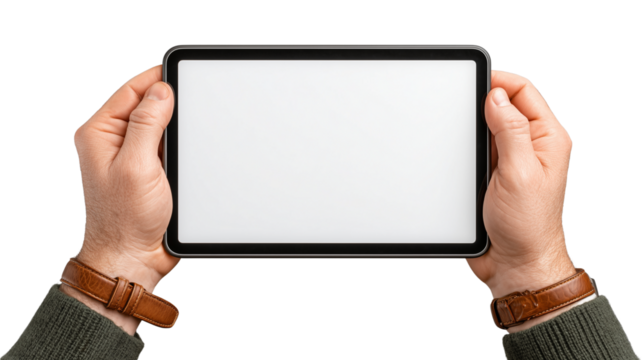 Hands of a man holding a tablet on transparent background - ai generative - Powered by Adobe