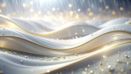 雨と金の光が交わる白い波の幻想的な背景