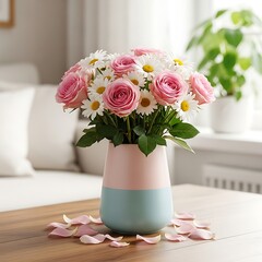 A cheerful floral bouquet using pink and white tones, placed on a wooden table to brighten a home's aesthetic.