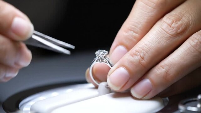 Jeweler inspecting a diamond engagement ring with tweezers up close in a professional setting