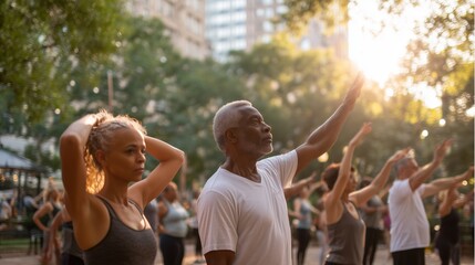 Group of people practice yoga in the park during sunset in urban area