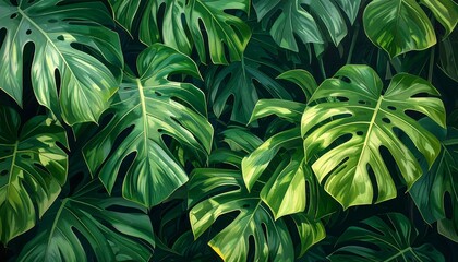 Lush, vibrant Monstera leaves fill the frame, displaying varying shades of green and characteristic fenestrations