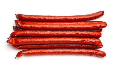 smoked sausages close-up on a white isolated background
