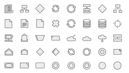 Collection of minimal outline icons representing data flow documents cloud storage database structure and refresh operations for web design