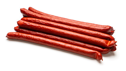 smoked sausages close-up on a white isolated background