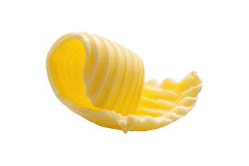 smooth curled ribbon of margarine isolated on a clean white background, showcasing rich texture and creamy golden color. Perfect for food packaging, culinary concepts, and advertising designs