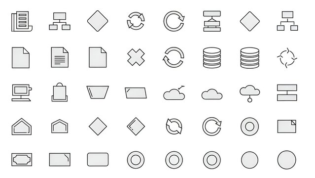 Collection of minimal outline icons representing data flow documents cloud storage database structure and refresh operations for web design