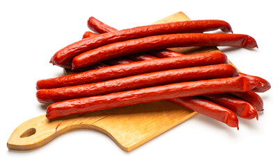 smoked sausages close-up on a white isolated background
