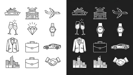 Luxury lifestyle icons set featuring yacht airplane mansion diamond watch car suit briefcase handshake and city skyline in dual color schemes