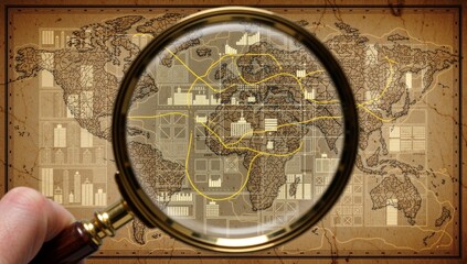 Global network analysis with magnifying glass over vintage world map and data visualizations