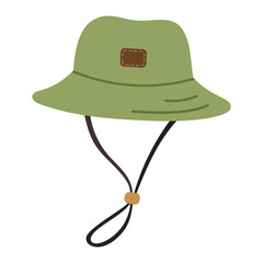Vector illustration of a green bucket hat with a chin strap in flat style. Outdoor headwear isolated on a white background. Suitable for camping, hiking, fishing, and travel themes.