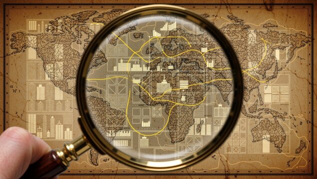 Global network analysis with magnifying glass over vintage world map and data visualizations - Powered by Adobe