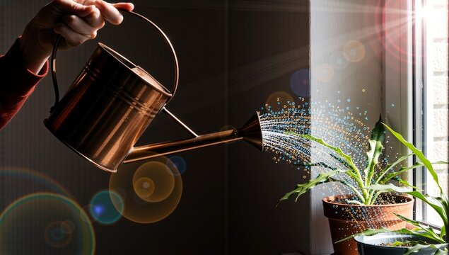 Hand watering plant with digital binary code flowing from copper watering can - Powered by Adobe