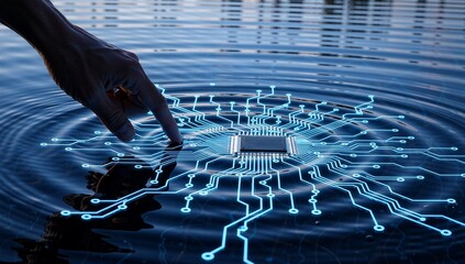 Human touch activating digital circuit network on water surface, technology and connection concept