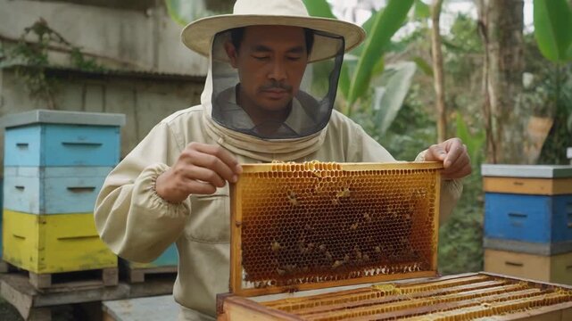 Beekeeper inspecting honeycomb frame outdoors apiary setting natural light