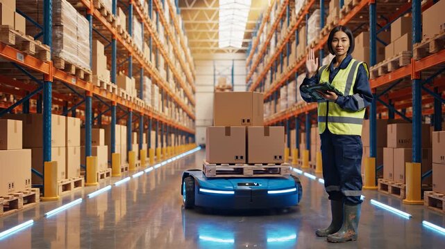 Woman controls AGV robot carrying boxes in warehouse. Worker uses tablet monitoring robot in aisle. AGV transports boxes while woman controls tablet. Warehouse robot moves between shelves.