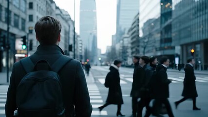 Man with backpack waits at city crosswalk. Young man stands on street in modern city. Person ready to cross street. Urban life with man and traffic. City commute for student or businessman. - Powered by Adobe
