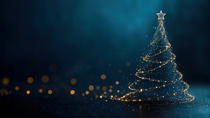 Abstract Christmas tree made of golden light on dark background with bokeh and copy space