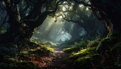 Mystical forest path with sunbeams filtering through moss-covered trees creating ethereal atmosphere
