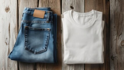 Folded jeans and white shirt sit neatly on a rustic wooden surface, overhead view