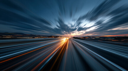 Dramatic Highway Motion Blur at Sunset with Vibrant Light Trails and Colorful Sky Scenery