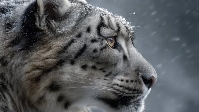 Snow leopard profile in falling snow, close up reveal of eye and fur, winter wildlife portrait showing predator expression and whisker detail, animal focus with natural snowflake texture and frost