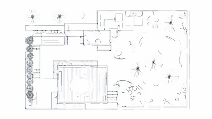 Top View Hand Drawn Landscape Architectural Garden Design Plan Sketch Illustration