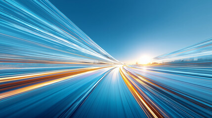 Futuristic Motion Blur of Light Trails from Cars on a Clear Sky Road During Sunset in Fast-Paced City