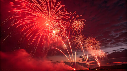 fireworks in the sky, red night fireworks, radiant sky explosion, firework spark shower, red spark explosion