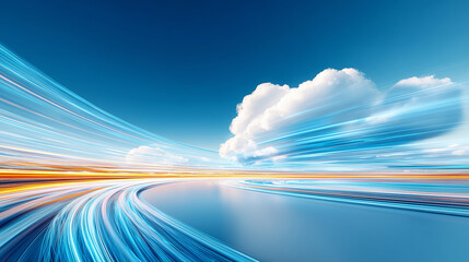 Vibrant blue sky landscape with dynamic light trails and fluffy clouds creating a sense of movement