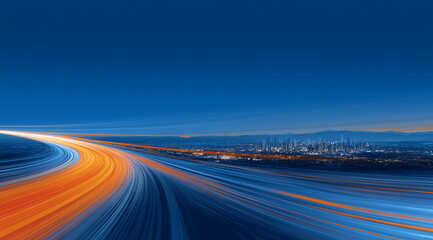 Vibrant Light Trails Over a Cityscape at Dusk with a Clear Blue Sky and City Highlights in the Background