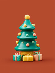 Colorful Christmas Tree with Bright Ornaments and Gifts on Warm Background