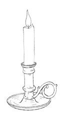 Vintage candle on metal chamberstick holder with curved handle and burning flame in hand drawn line art isolated on white background